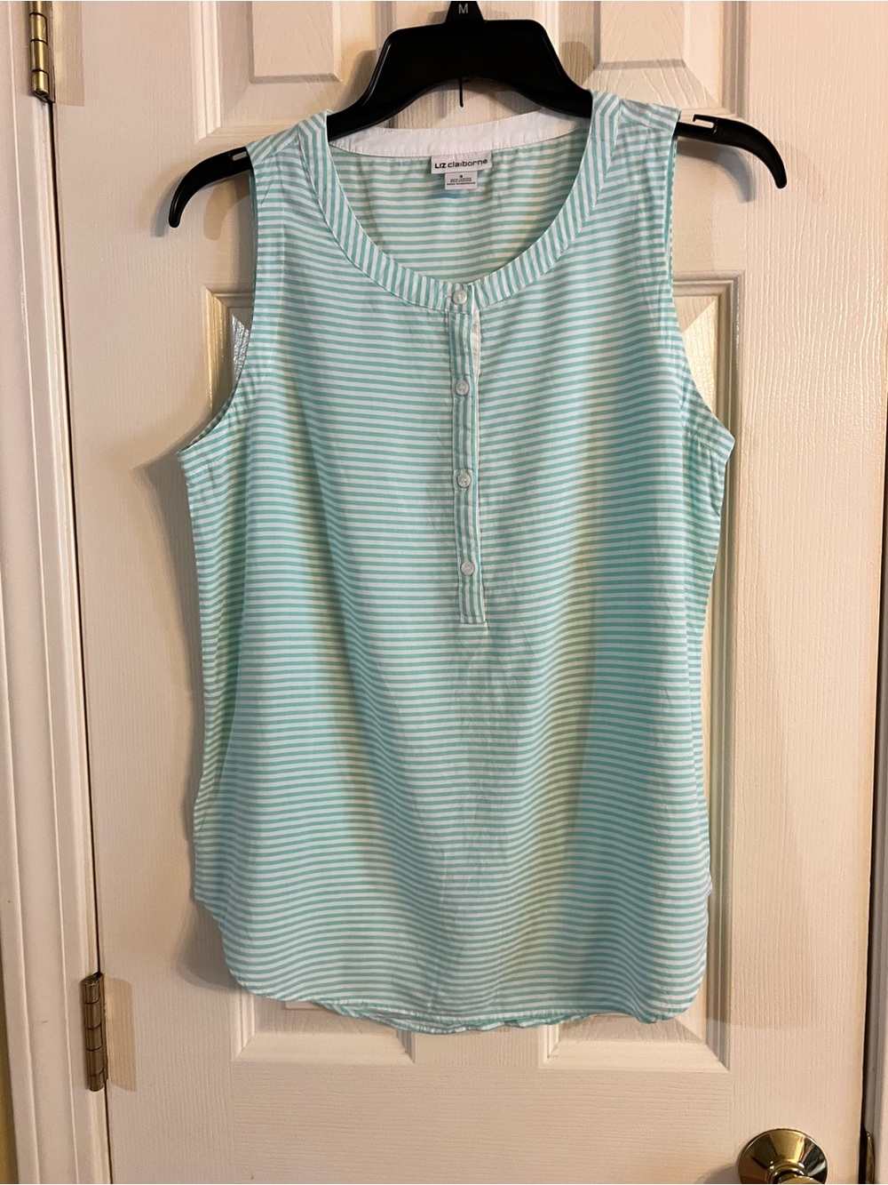 Liz Claiborne Aqua Green and White Striped Sleeveless Henley Tank
